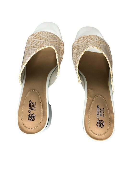 Avon Cushion Walk Slides Sandal Block Heel Womens 9 Beige Straw Weave Mules Shoe - Picture 5 of 11